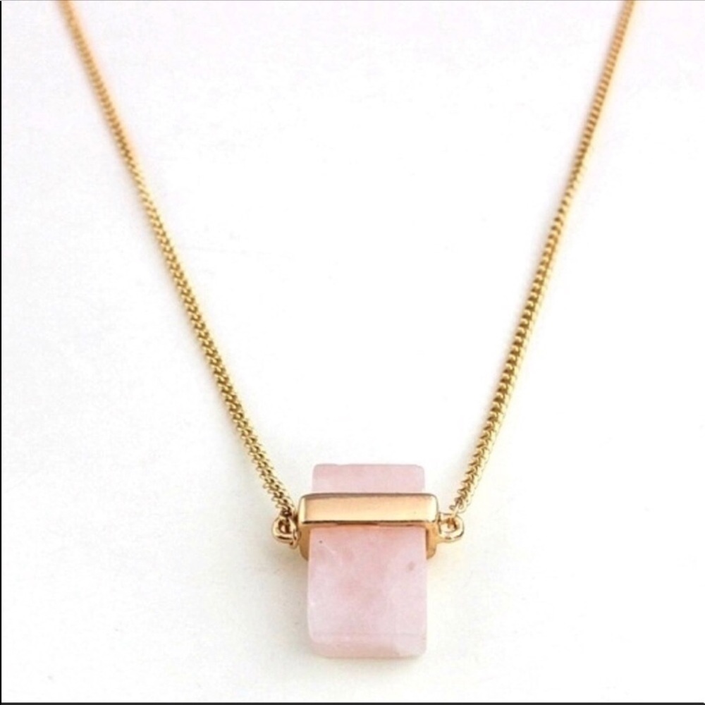 Gold and Pink Necklace with Raw Rose Quartz Pendant